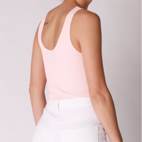 Pink Ribbed Thong V Neck Bodysuit - Picture 4 of 5